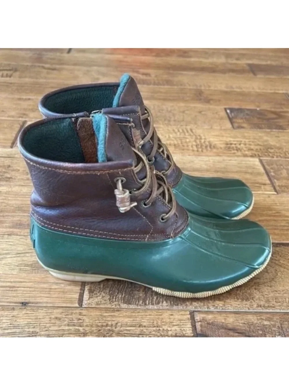 Sperry Top Sider Saltwater Duck Boots Waterproof Leather Rubber Brown Green 7.5